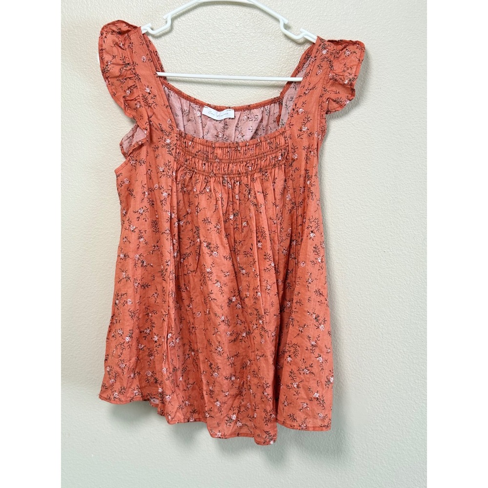 Ces Femme Floral Flutter Sleeve Smocked Top Terracotta Orange Cotton Small